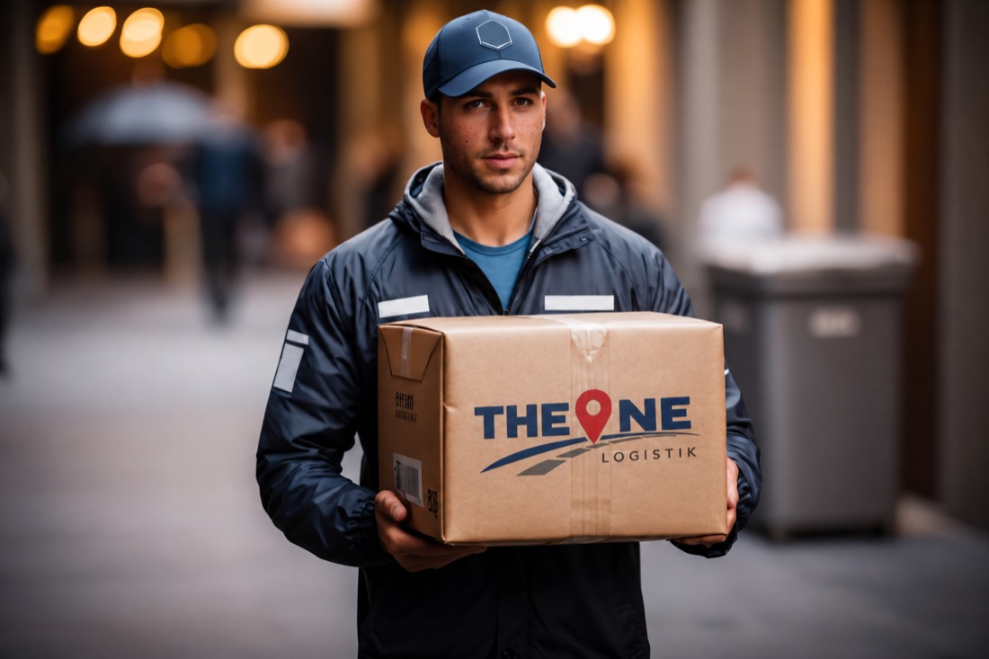 Symbolmotiv: Kurier mit Paket und THE ONE Logo